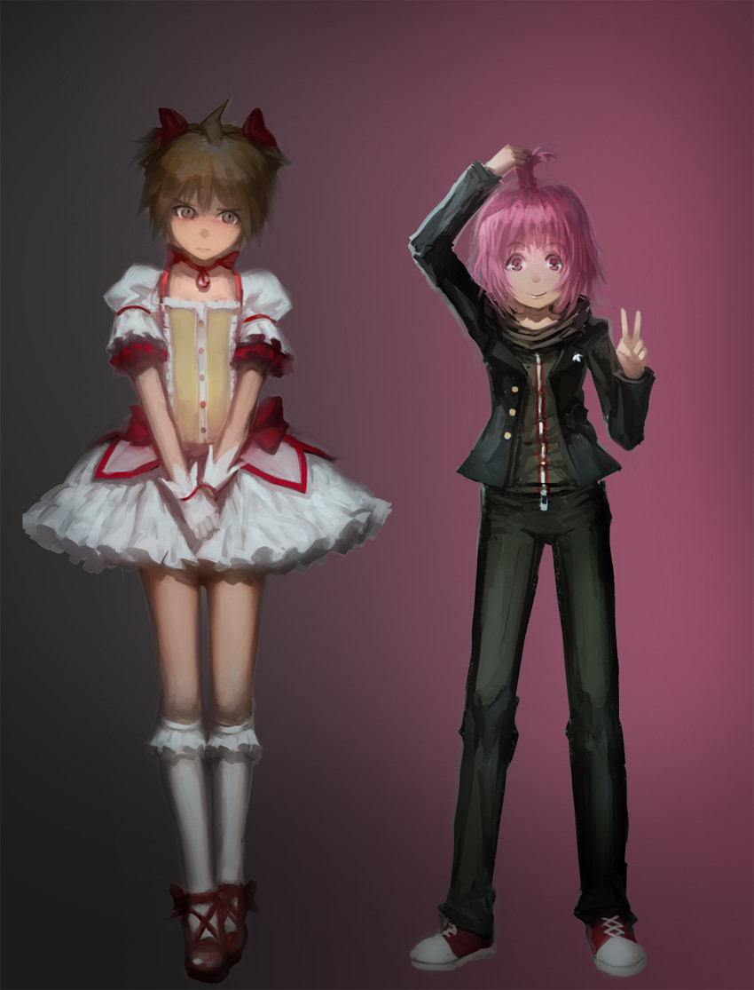 kaname madoka and naegi makoto (mahou shoujo madoka magica and 2 more) drawn by blackrabbitsoul