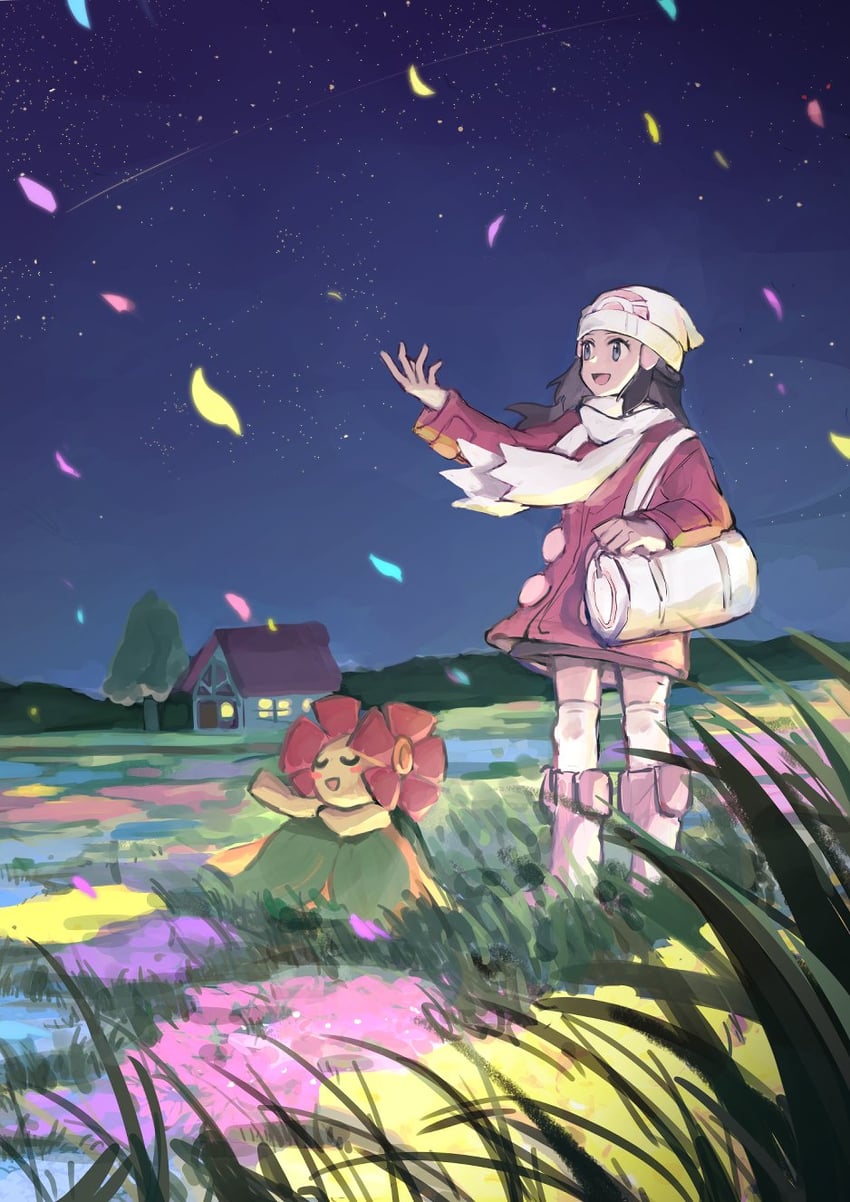 dawn and bellossom (pokemon and 2 more) drawn by chikiso