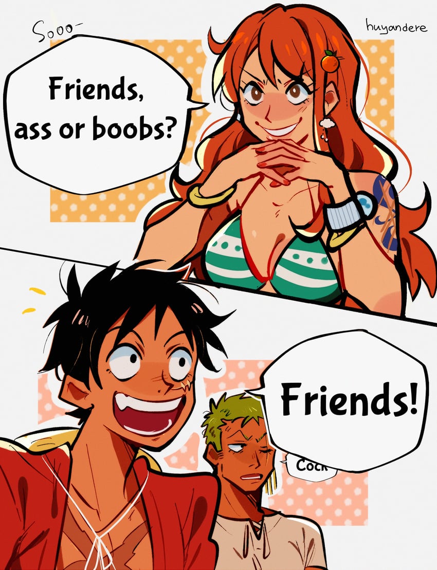nami, monkey d. luffy, and roronoa zoro (one piece) drawn by huyandere