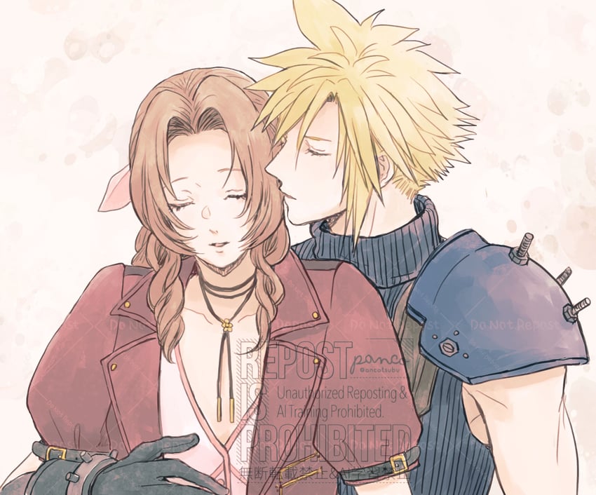 cloud strife and aerith gainsborough (final fantasy and 2 more) drawn by ancotsubu
