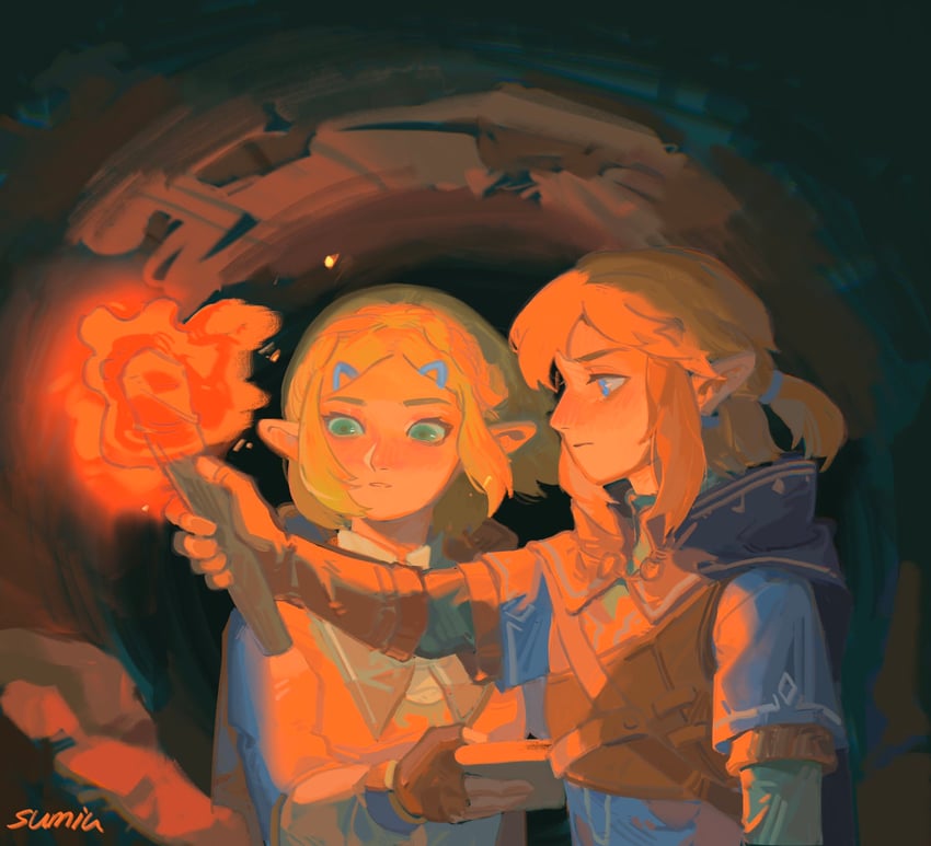 link and princess zelda (the legend of zelda and 1 more) drawn by sumisakana