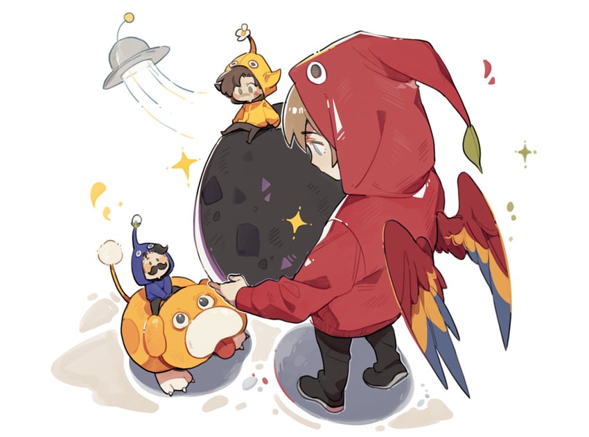 red pikmin, yellow pikmin, blue pikmin, oatchi, grian, and 2 more (pikmin and 1 more) drawn by luminous_slime