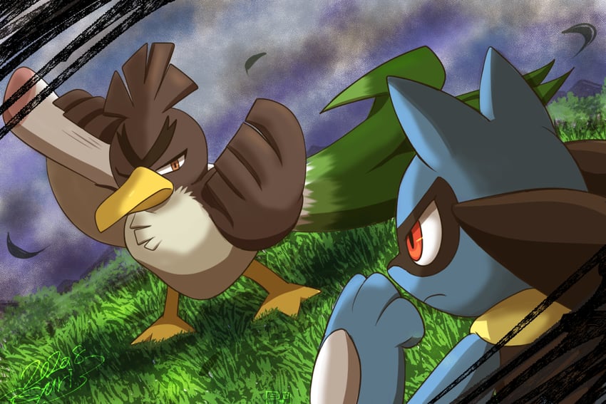 riolu and galarian farfetch'd (pokemon) drawn by shuri_(syurigame)
