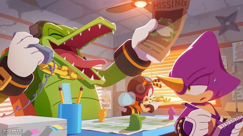 espio the chameleon, vector the crocodile, charmy bee, and froggy (sonic and 1 more) drawn by karasuno_yui