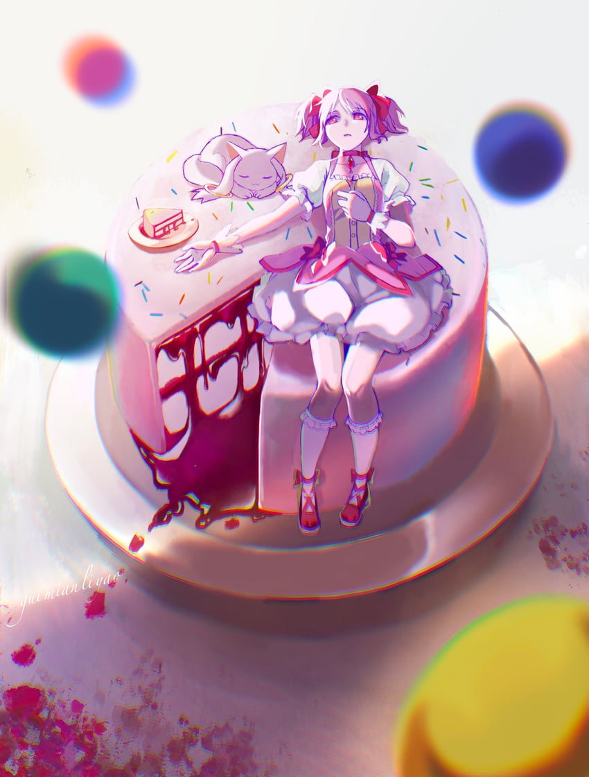 kaname madoka and kyubey (mahou shoujo madoka magica) drawn by guo_ling