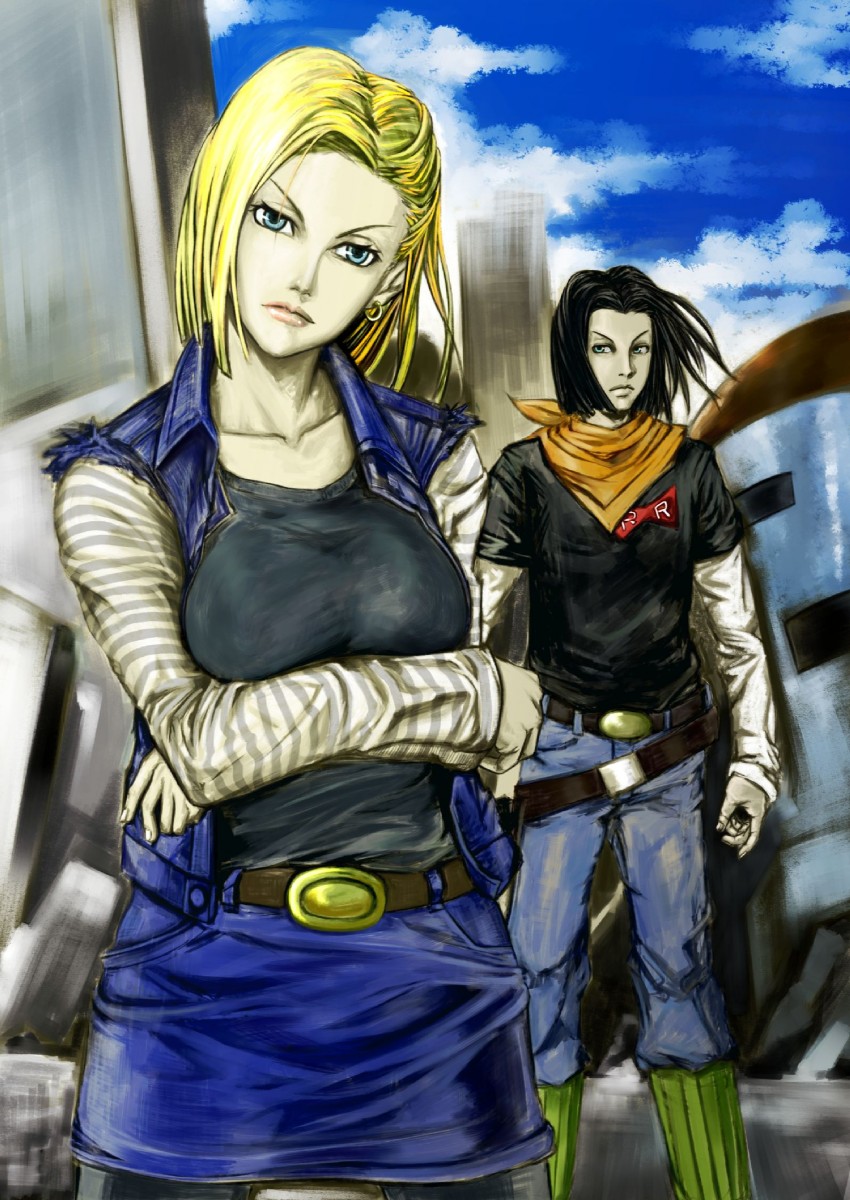 android 18 and android 17 (dragon ball and 1 more) drawn by amawa_kazuhiro