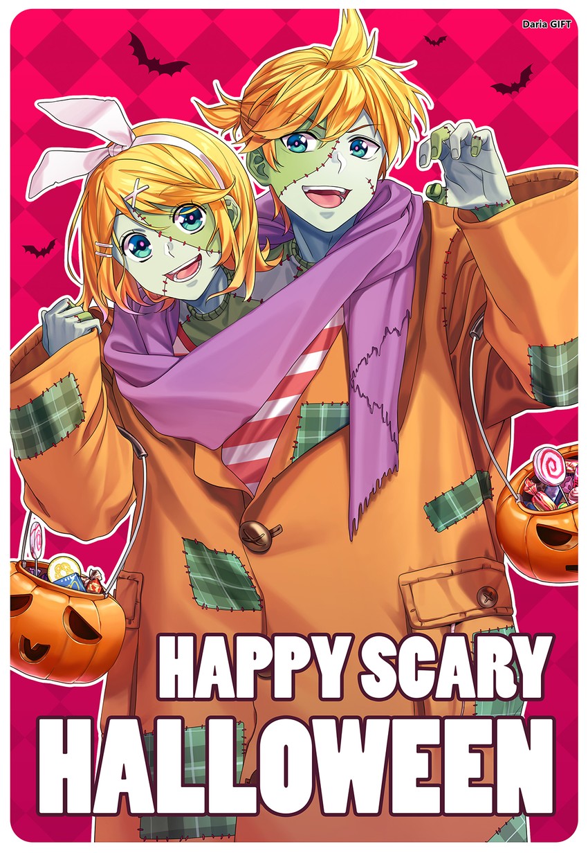 kagamine rin, kagamine len, and frankenstein's monster (vocaloid) drawn by dariagiftstuff