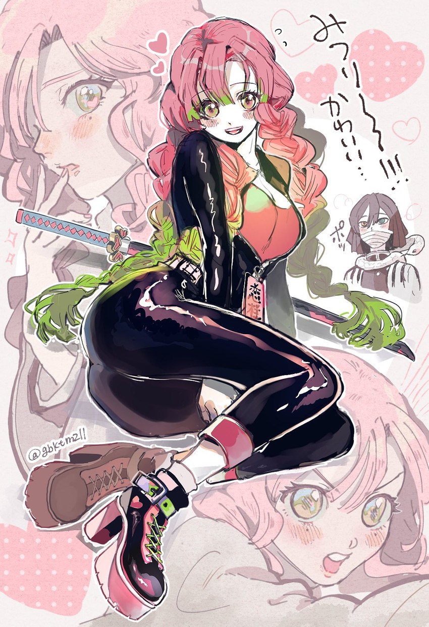 kanroji mitsuri, iguro obanai, and kaburamaru (kimetsu no yaiba) drawn by meppi