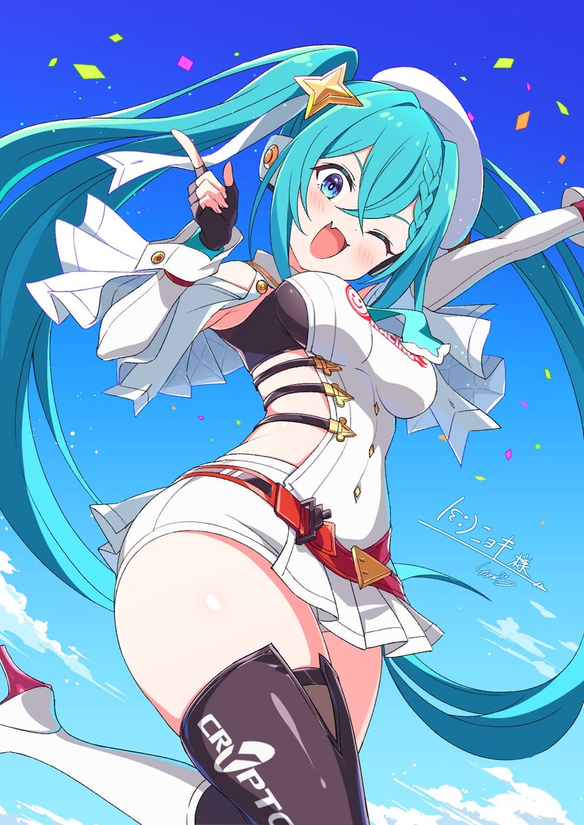 hatsune miku and racing miku (vocaloid and 1 more) drawn by kamuraaa_615