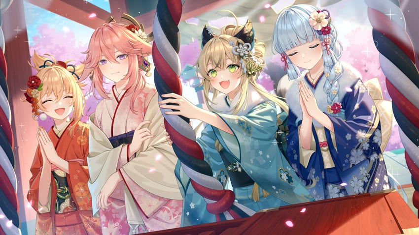yae miko, kamisato ayaka, yoimiya, and kirara (genshin impact) drawn by bshi_edayo