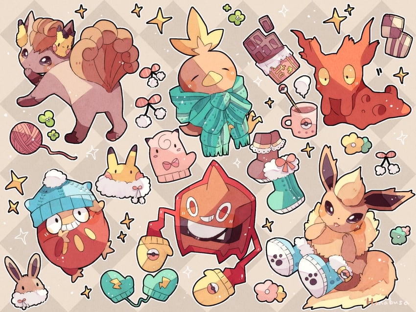 pikachu, eevee, rotom, flareon, torchic, and 4 more (pokemon) drawn by hanabusaoekaki