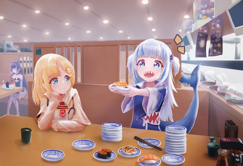 gawr gura, ninomae ina'nis, and watson amelia (hololive and 1 more) drawn by karorena