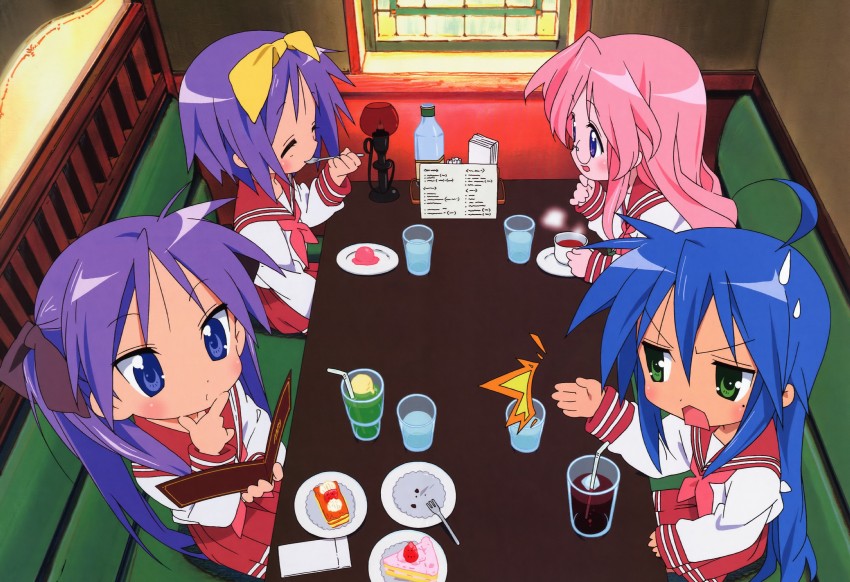 hiiragi kagami, izumi konata, hiiragi tsukasa, and takara miyuki (lucky star) drawn by horiguchi_yukiko