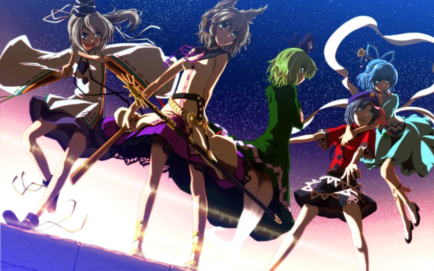 toyosatomimi no miko, mononobe no futo, kaku seiga, miyako yoshika, and soga no tojiko (touhou) drawn by kikunosukemaru