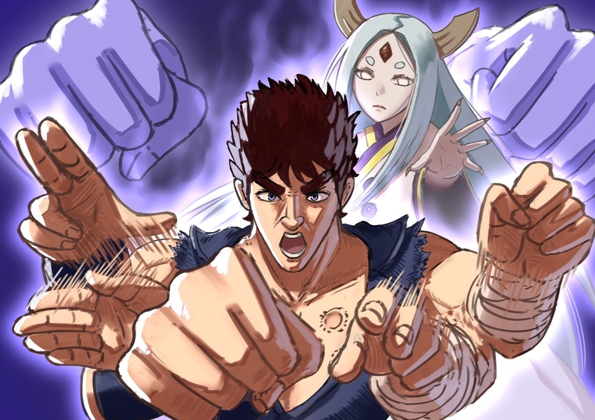 kenshiro and ootsutsuki kaguya (naruto and 2 more) drawn by cromachina
