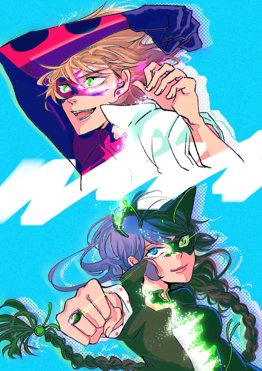 marinette dupain-cheng, adrien agreste, lady noir, and misterbug (miraculous ladybug) drawn by k202840fukuona