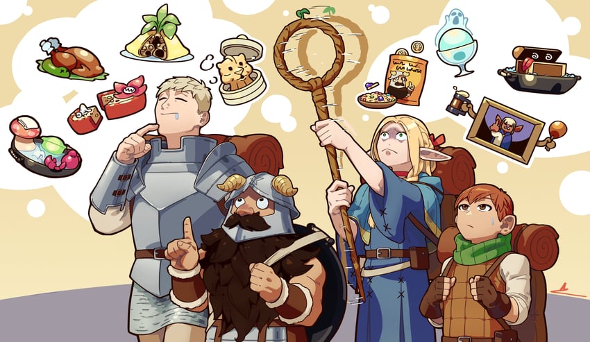 marcille donato, laios touden, senshi, chilchuck tims, thistle, and 1 more (dungeon meshi) drawn by kenji_uz