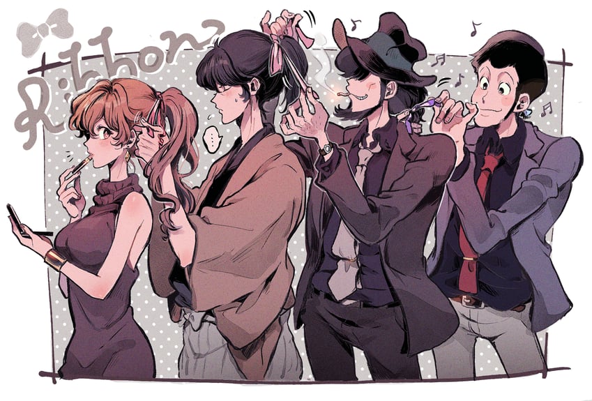 arsene lupin iii, jigen daisuke, mine fujiko, and ishikawa goemon xiii (lupin iii) drawn by meppi