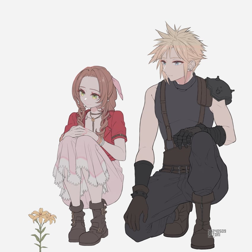 cloud strife and aerith gainsborough (final fantasy and 3 more) drawn by cha_niao_(strxscs)