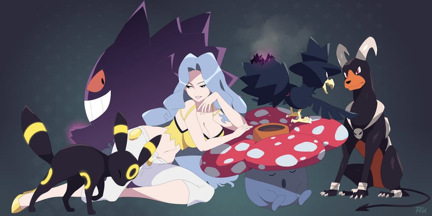 umbreon, gengar, houndoom, murkrow, karen, and 1 more (pokemon and 1 more) drawn by r3dfive
