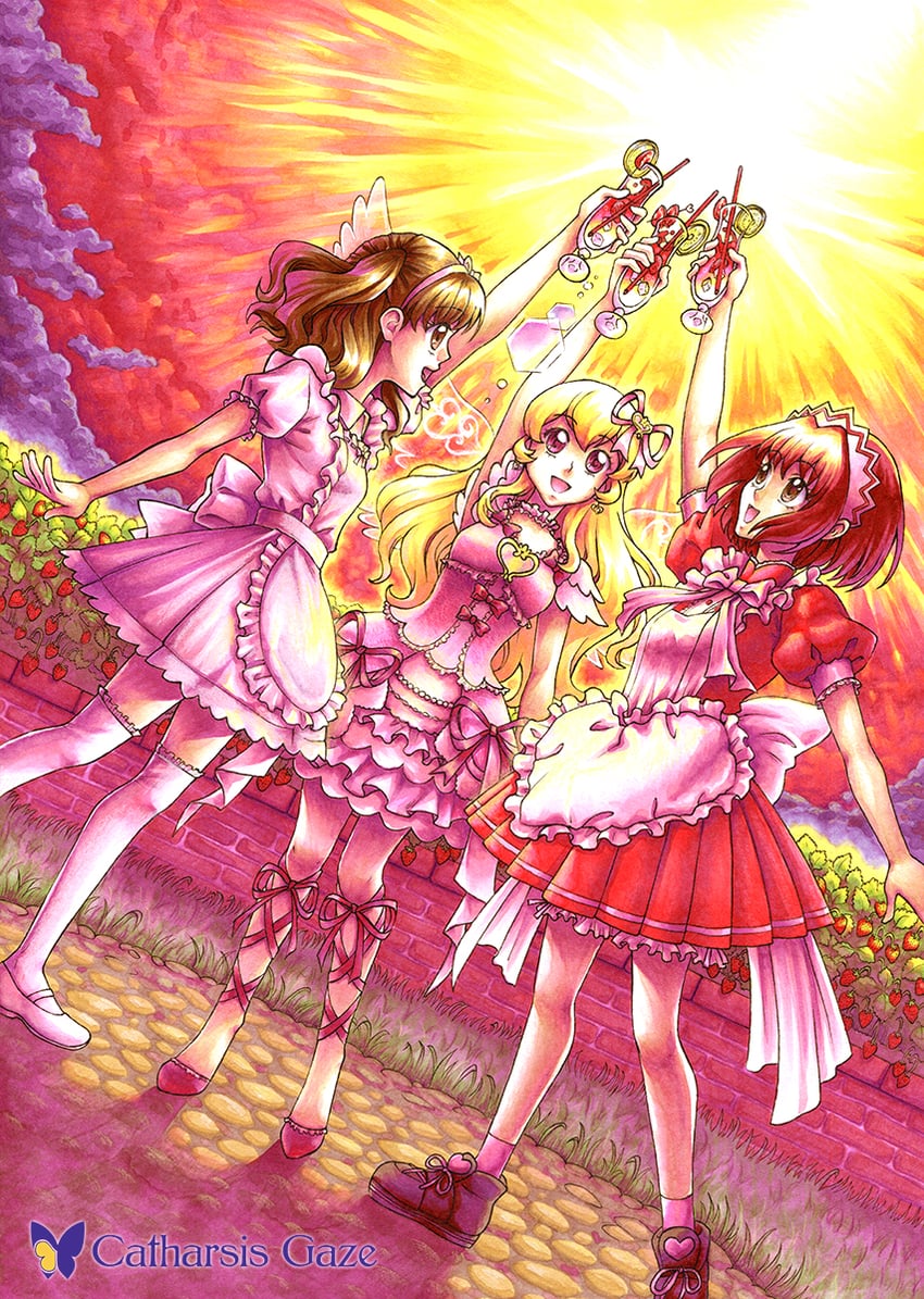 hoshimiya ichigo, momomiya ichigo, and amano ichigo (aikatsu! and 2 more) drawn by fruit_punch