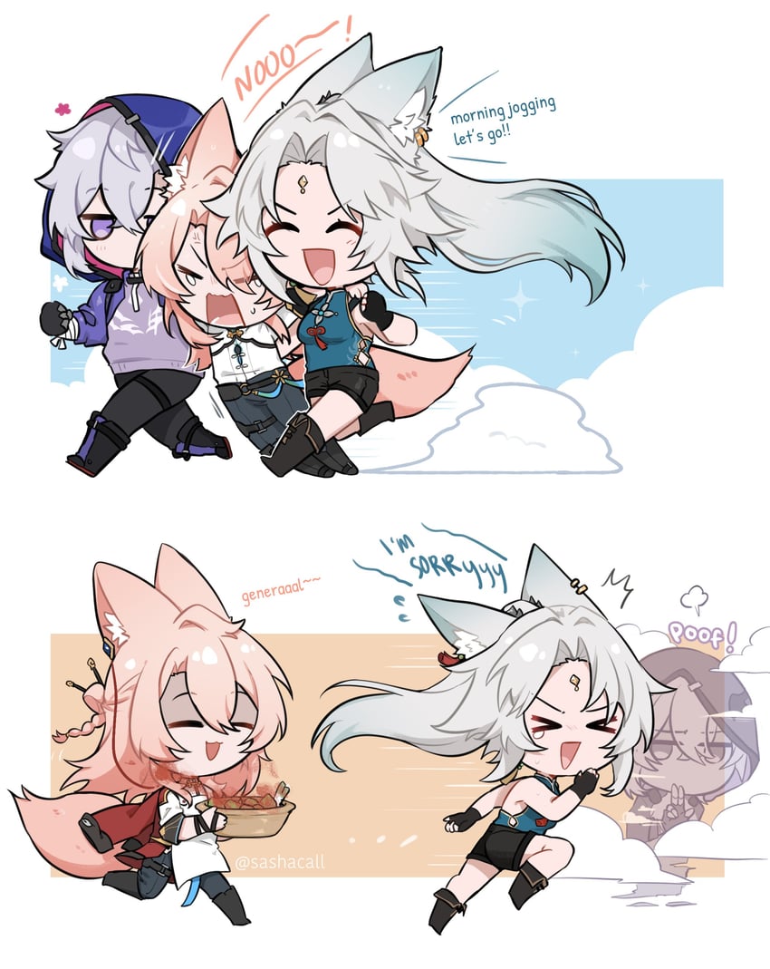 feixiao, jiaoqiu, and moze (honkai and 1 more) drawn by sashacall
