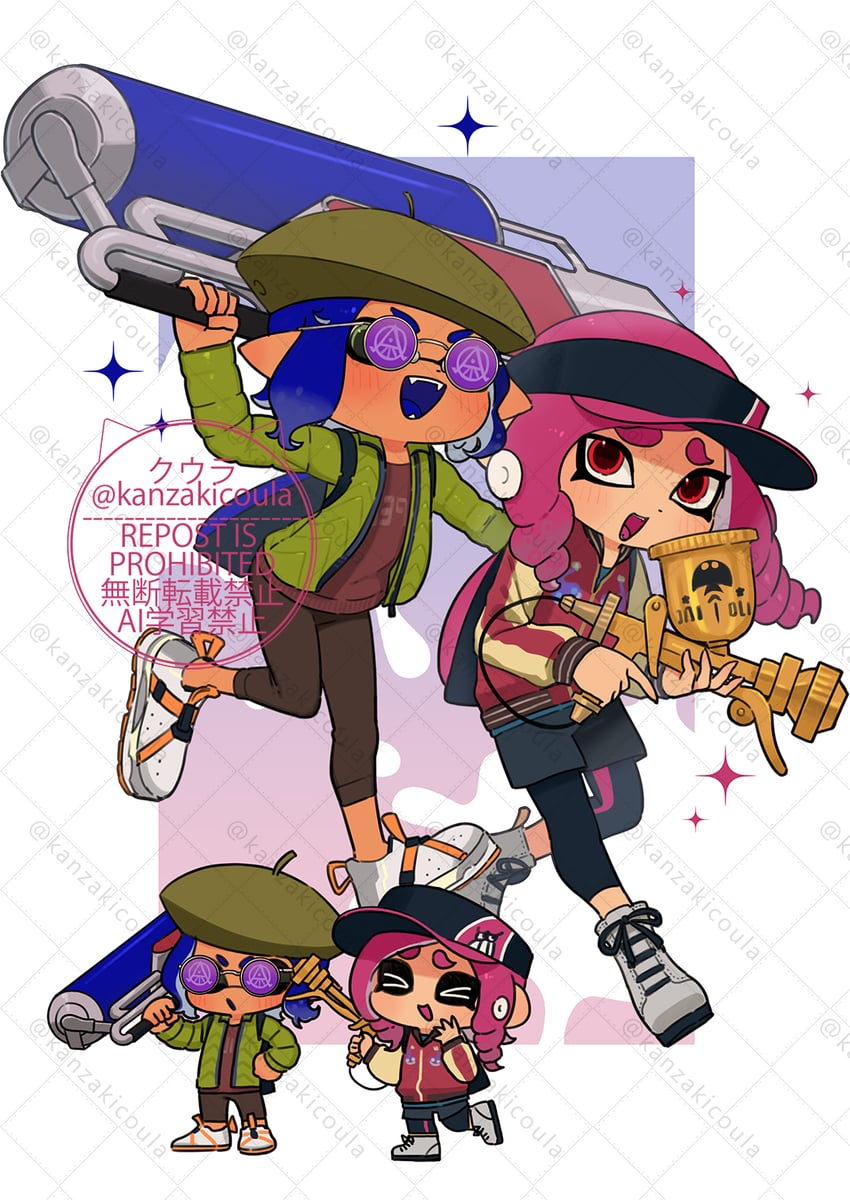 inkling player character, octoling player character, octoling girl, and inkling boy (splatoon) drawn by coula_cat
