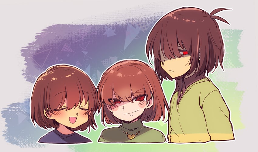 frisk, chara, and kris (undertale and 1 more) drawn by komugiko_(bitte_komu)