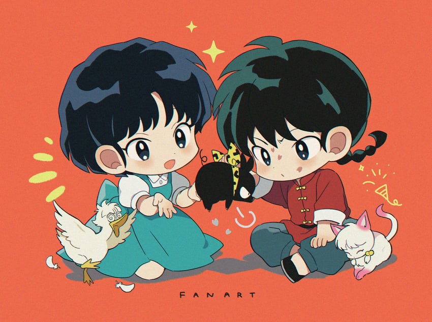 tendou akane, saotome ranma, p-chan, mousse, and shampoo (ranma 1/2) drawn by yumenouchi_chiharu