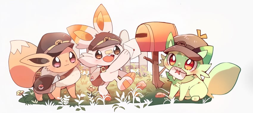 eevee, sprigatito, and scorbunny (pokemon) drawn by yupo_0322