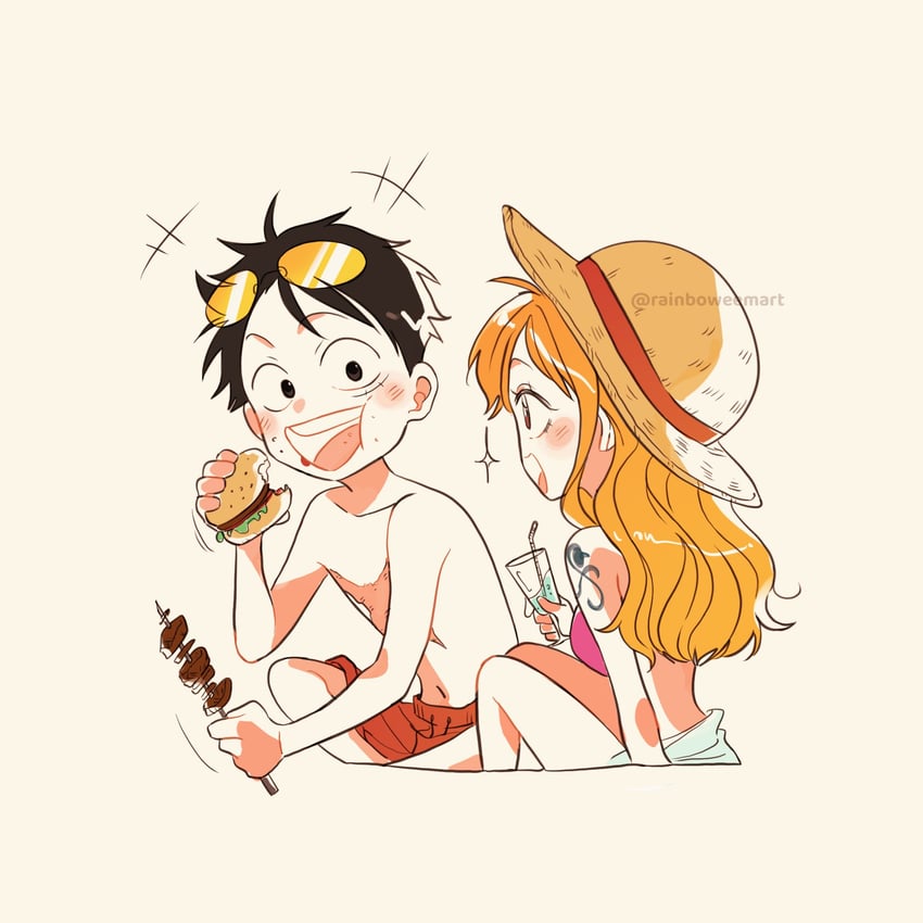 nami and monkey d. luffy (one piece) drawn by rainboweem