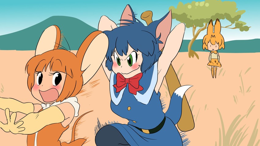 serval, tom, and jerry (kemono friends and 1 more) drawn by gussuripii