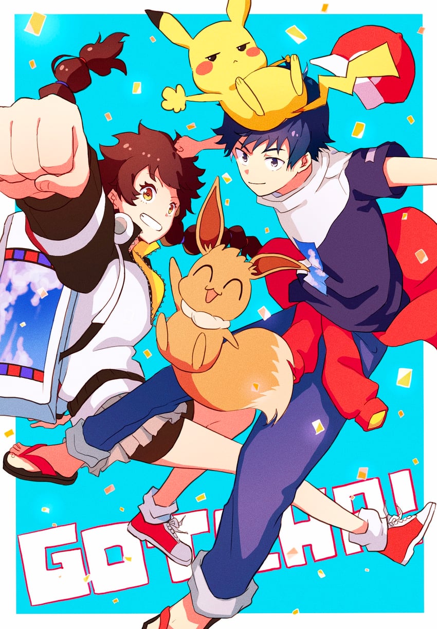 pikachu, eevee, gotcha! girl, and gotcha! boy (pokemon and 1 more) drawn by risui_ao