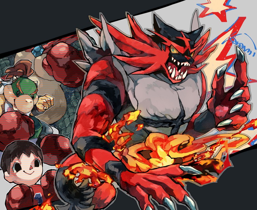 villager, incineroar, bowser jr., and king k. rool (pokemon and 6 more) drawn by kanami33