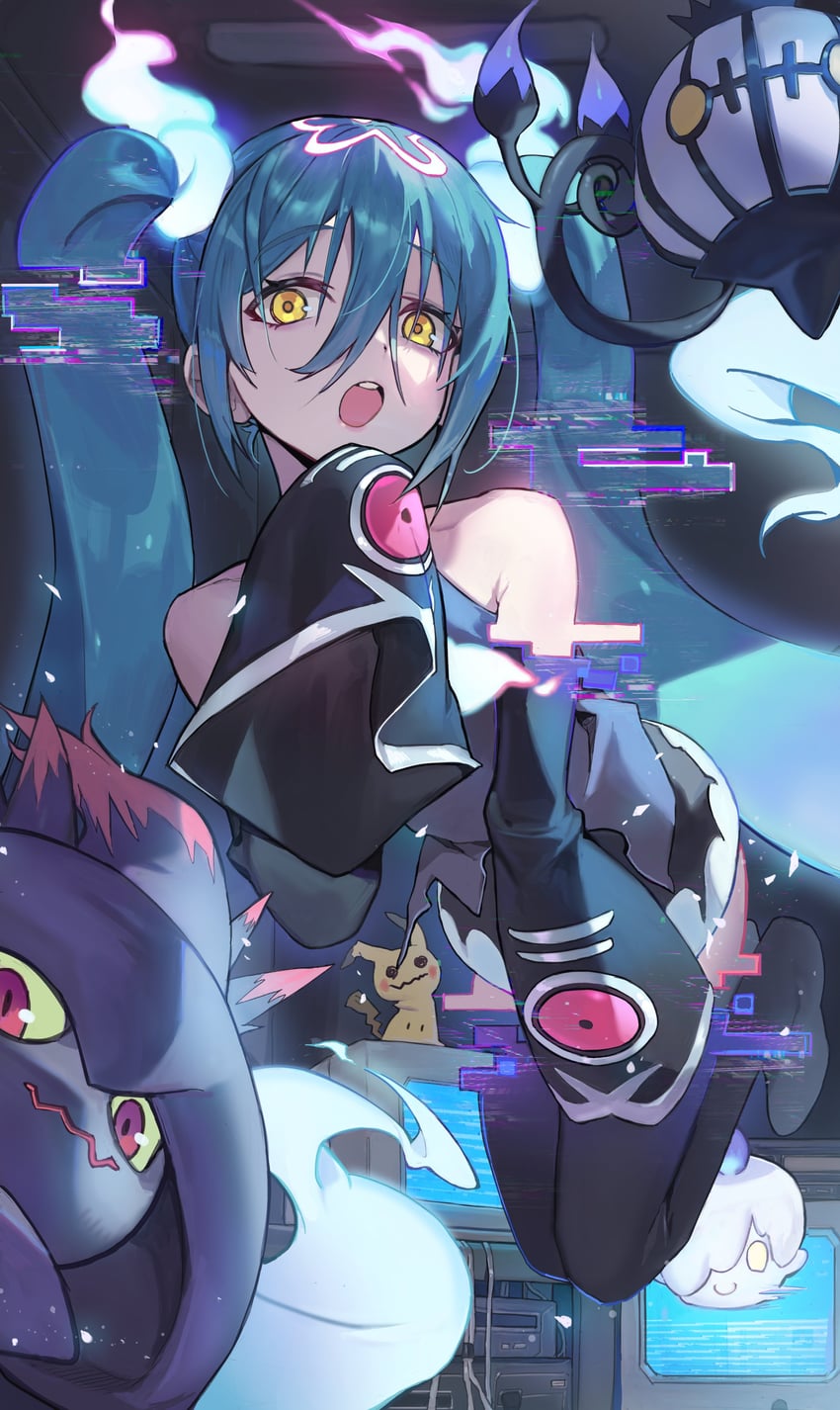 hatsune miku, mimikyu, chandelure, mismagius, and ghost miku (pokemon and 2 more) drawn by chamchamshia