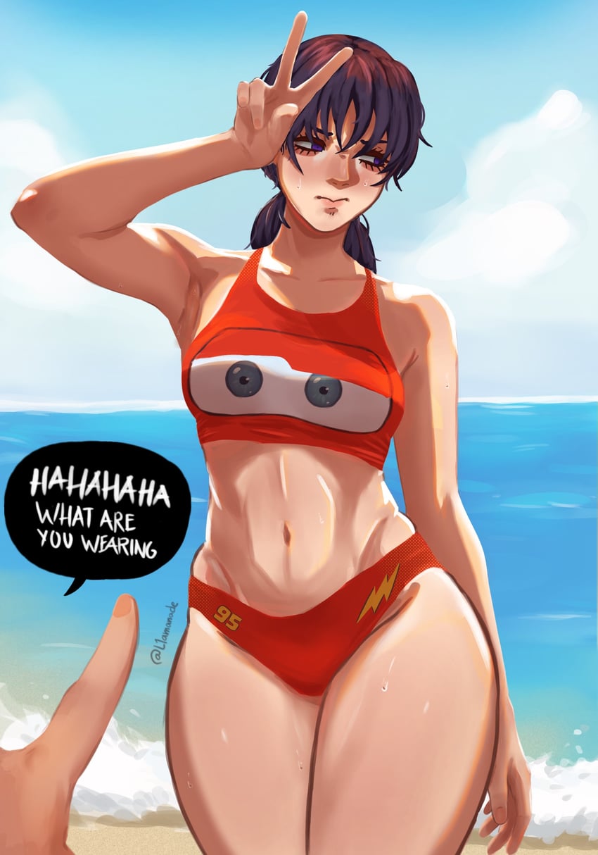 mitaka asa and lightning mcqueen (chainsaw man and 1 more) drawn by l1amanade