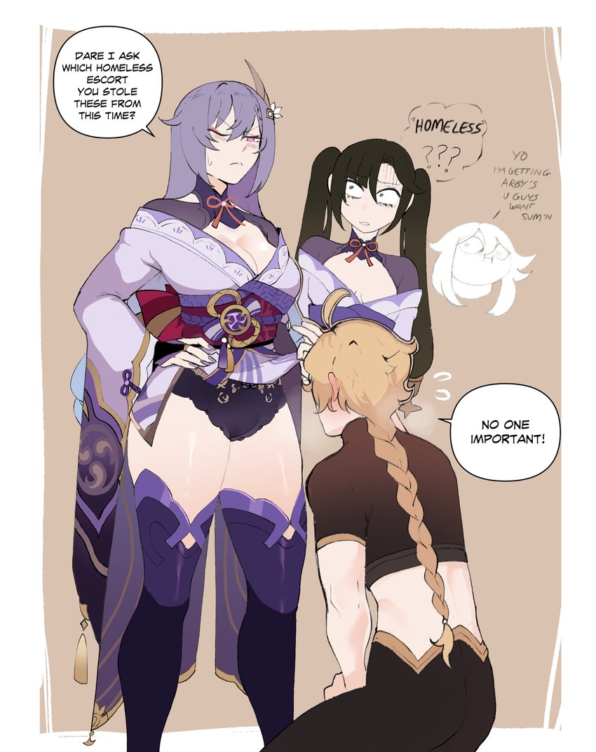raiden shogun, aether, mona, keqing, and paimon (genshin impact) drawn by nyantcha