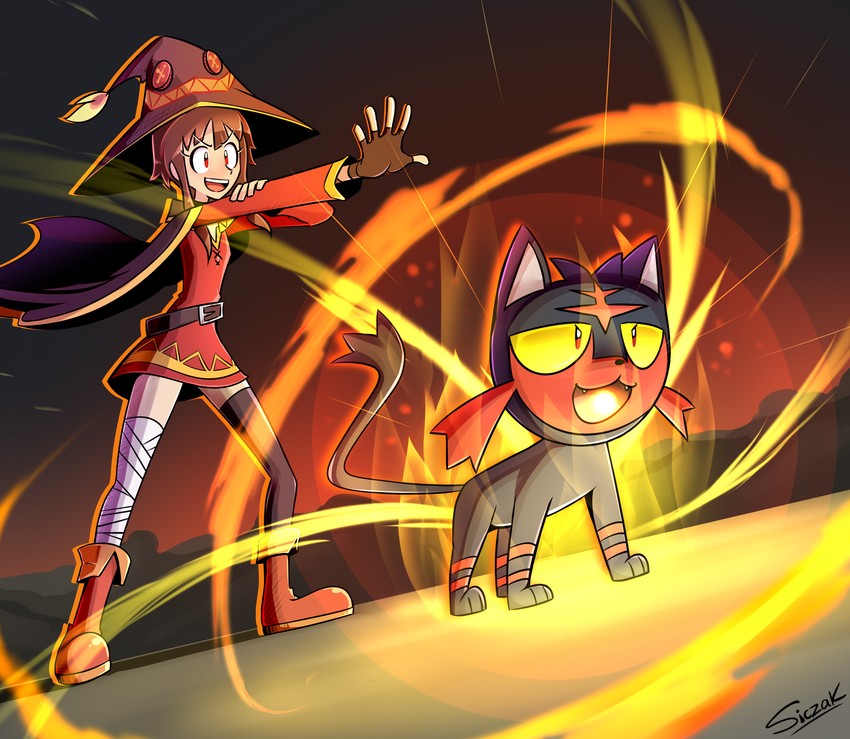 megumin and litten (pokemon and 1 more) drawn by siczak
