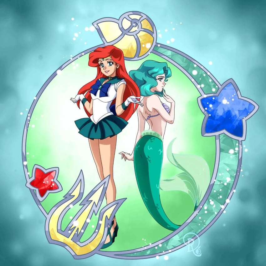 kaiou michiru, sailor neptune, and ariel (bishoujo senshi sailor moon and 1 more) drawn by drachea_rannak