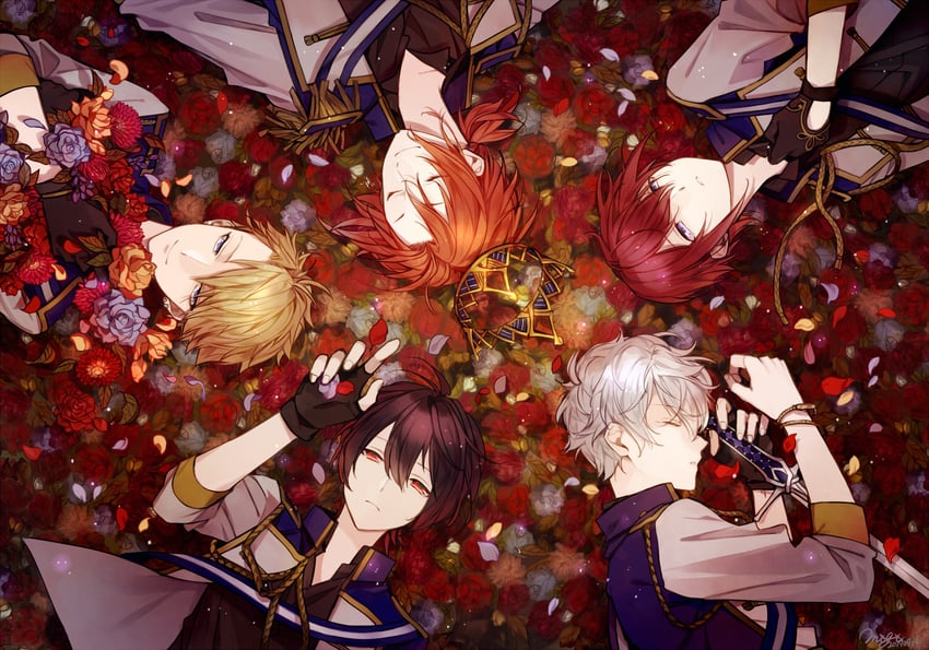 sakuma ritsu, tsukinaga leo, sena izumi, suou tsukasa, and narukami arashi (ensemble stars!) drawn by matsunaka_hiro