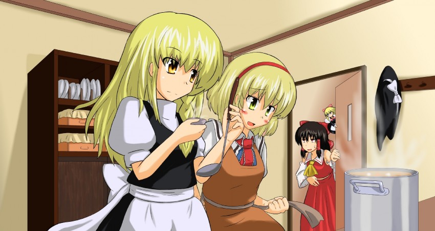 hakurei reimu, kirisame marisa, alice margatroid, and shanghai doll (touhou) drawn by monchan