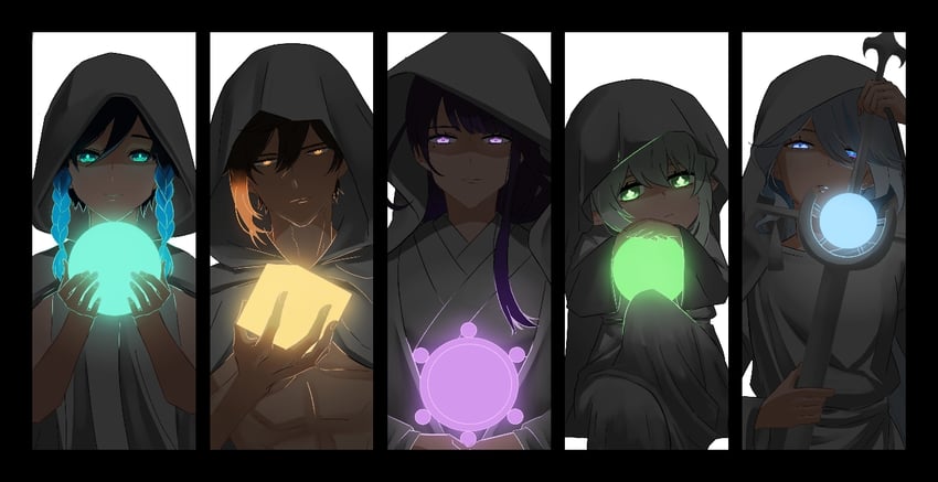 raiden shogun, furina, nahida, zhongli, and venti (genshin impact) drawn by matsu_s