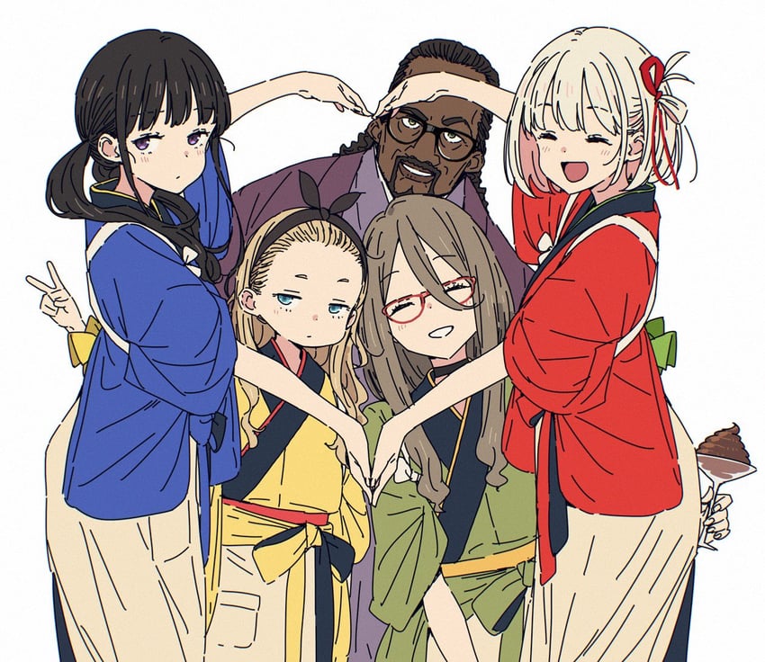 nishikigi chisato, inoue takina, kurumi, nakahara mizuki, and mika (lycoris recoil) drawn by imigimuru