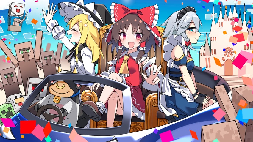 hakurei reimu, kirisame marisa, izayoi sakuya, creeper, ghast, and 5 more (touhou and 3 more) drawn by e.o.
