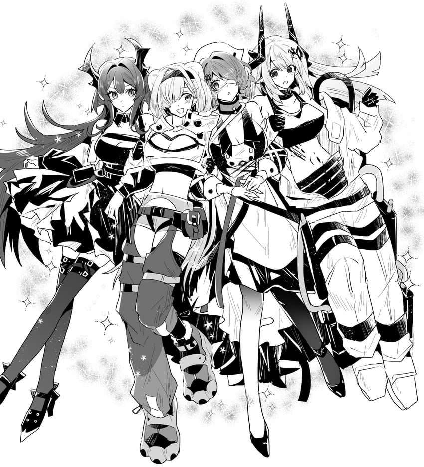 surtr, mudrock, aurora, and whisperain (arknights) drawn by iwashi_80