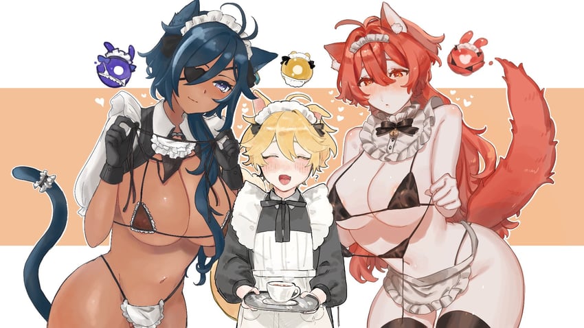 aether, diluc, kaeya, and seelie (genshin impact) drawn by ohkrkr_z