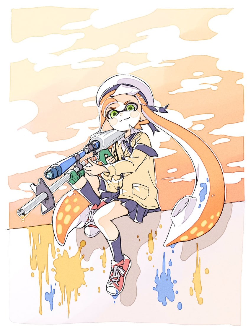 inkling player character and inkling girl (splatoon) drawn by sen_squid