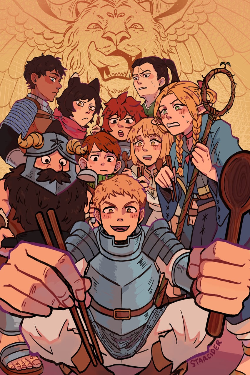 marcille donato, falin touden, laios touden, senshi, kabru, and 5 more (dungeon meshi) drawn by starcider