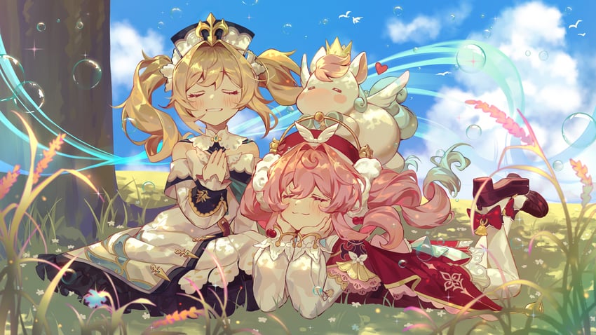 barbara, hyacine, and little ica (genshin impact and 3 more) drawn by ice_s_s_z