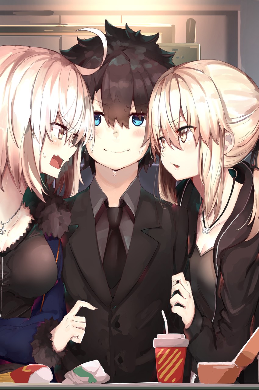 artoria pendragon, fujimaru ritsuka, jeanne d'arc alter, and saber alter (fate and 1 more) drawn by ranf